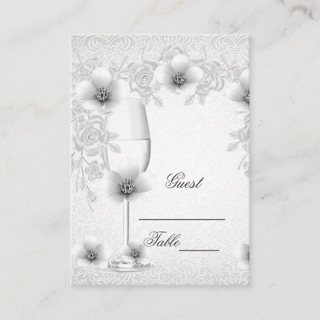 Tarjeta De Mesa Boda Nombre Cartas Lugar Rosa Plata Blanco Flor (Anverso)