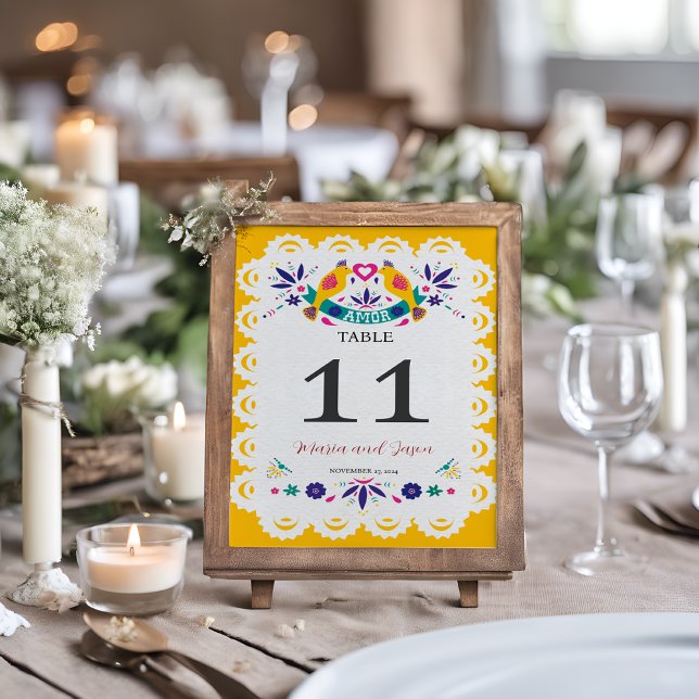 Tarjeta De Mesa Boda Nuestra Boda (Mexican Papel Picado Yellow Nuestra Boda Wedding Table Number)
