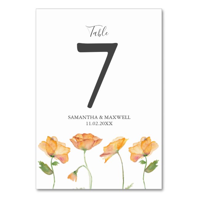 Tarjeta De Mesa Boda Número de tabla Flores Naranjas botánicas (Anverso)