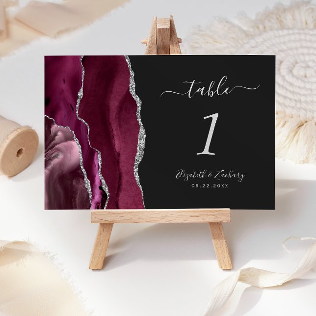 Tarjeta De Mesa Boda Oscura de Burgundy Moderno con Agata Plateada (Subido por el creador)