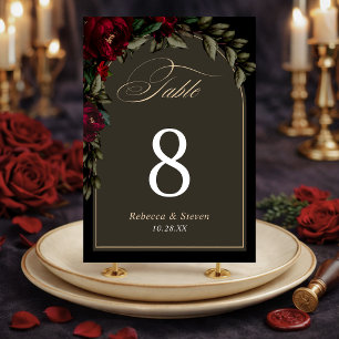 Tarjeta De Mesa Boda oscura gótica roja verde floral y melancólica