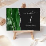 Tarjeta De Mesa Boda oscuro de Hunter Green Silver Agate<br><div class="desc">El borde izquierdo de esta elegante y moderna tarjeta boda número de mesa cuenta con un borde de agujeros color agua verde cazador recortado con un falso purpurina plateado. El texto del personalizable combina la escritura a mano gris plateado, los tipos de letra cursiva y los tipos de letra de...</div>