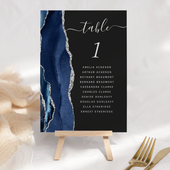 Tarjeta De Mesa Boda oscuro de Navy Blue Silver Agate (Subido por el creador)