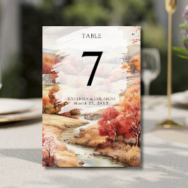 Tarjeta De Mesa Boda Otoño Río Bosque Rojo Caída