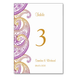 Tarjeta De Mesa Boda paisley indio morado y dorado