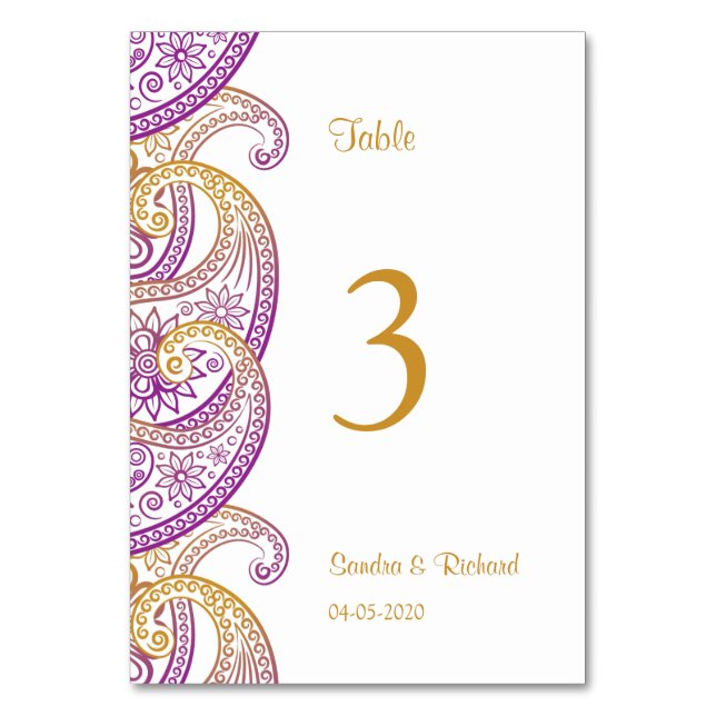 Tarjeta De Mesa Boda paisley indio morado y dorado (Anverso)