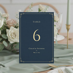 Tarjeta De Mesa Boda Pastoral Francesa de Azul Marino y Dorado