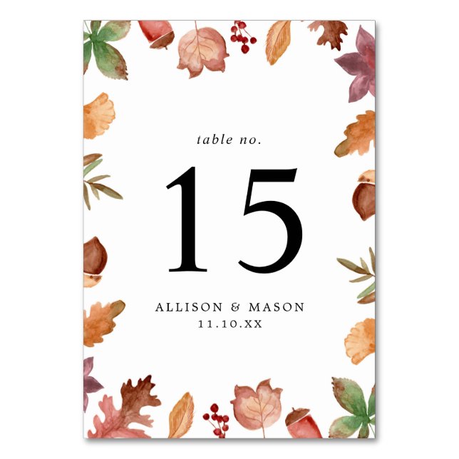 Tarjeta De Mesa Boda Personalizada Hojas de Otoño Rústicas (Anverso)