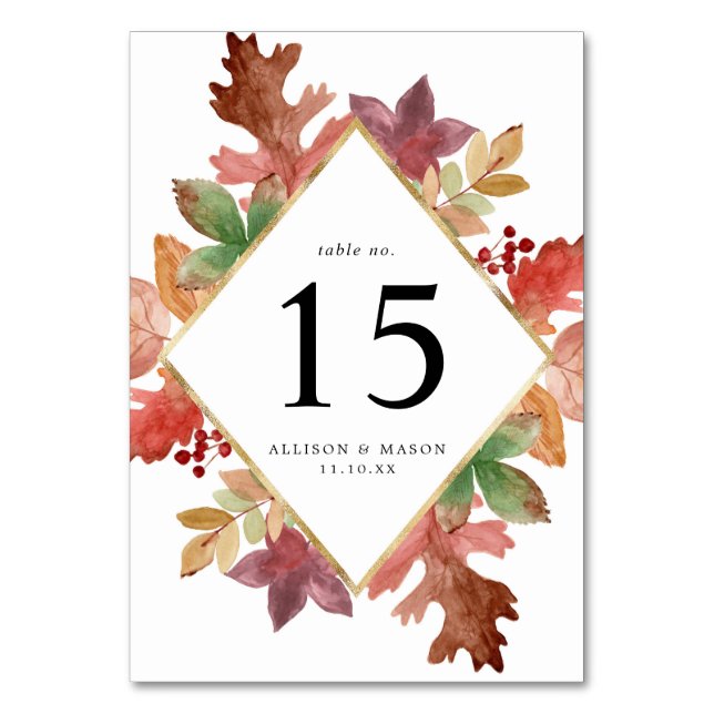 Tarjeta De Mesa Boda Personalizada Hojas de Otoño Rústico (Anverso)