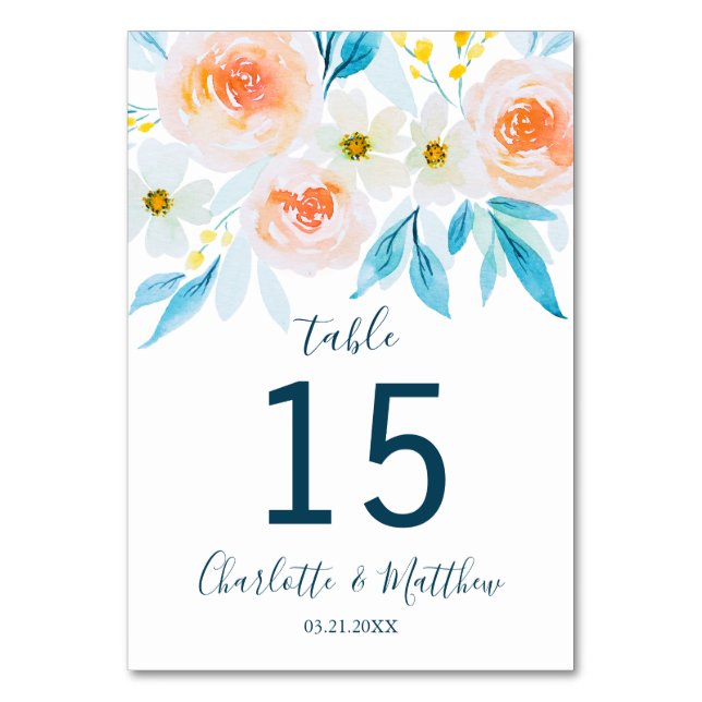 Tarjeta De Mesa Boda personalizado de acuarela moderna floral (Anverso)
