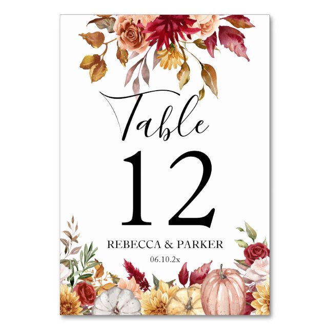 Tarjeta De Mesa Boda personalizado de calabazas de flores de otoño (Anverso)