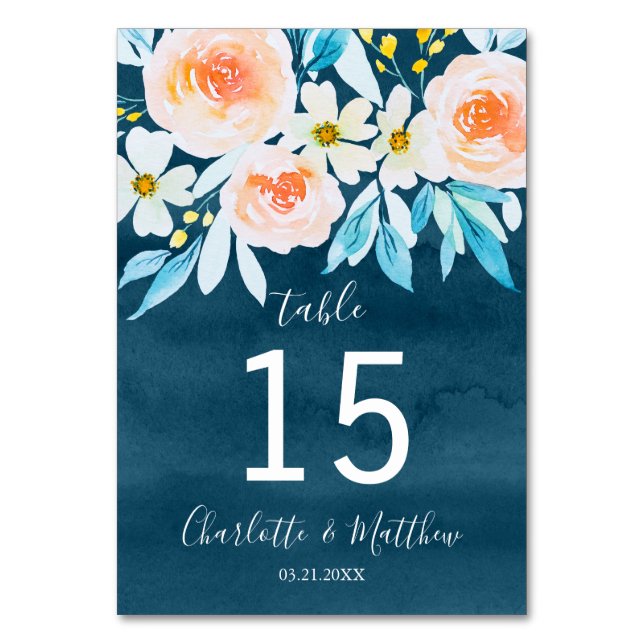 Tarjeta De Mesa Boda personalizado de floral azul marino (Anverso)