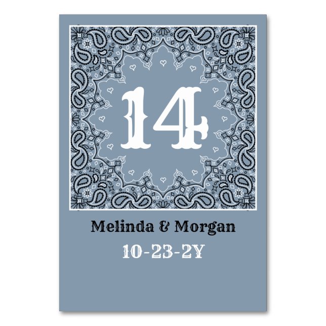 Tarjeta De Mesa Boda personalizado de Western Dusty Blue Bandana (Anverso)