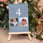 Tarjeta De Mesa Boda Photo Fun Dusty Blue<br><div class="desc">Diviértase con la decoración de la recepción de tu boda con estas polvorientas tarjetas azules donde cada número de mesa corresponde a fotos de la novia y del novio a la misma edad. Por ejemplo, en el cuadro 4, personalice el número de la tabla con "4" y añada fotos de...</div>