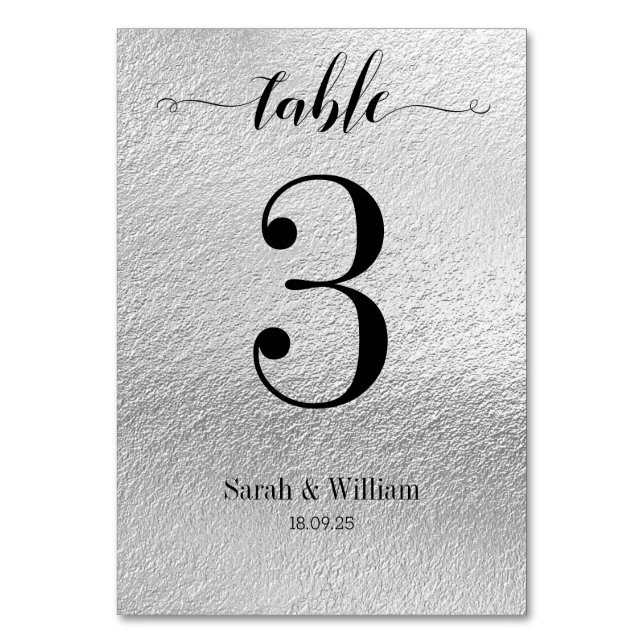 Tarjeta De Mesa Boda Plata de Calligrafía de Swash Negro (Anverso)