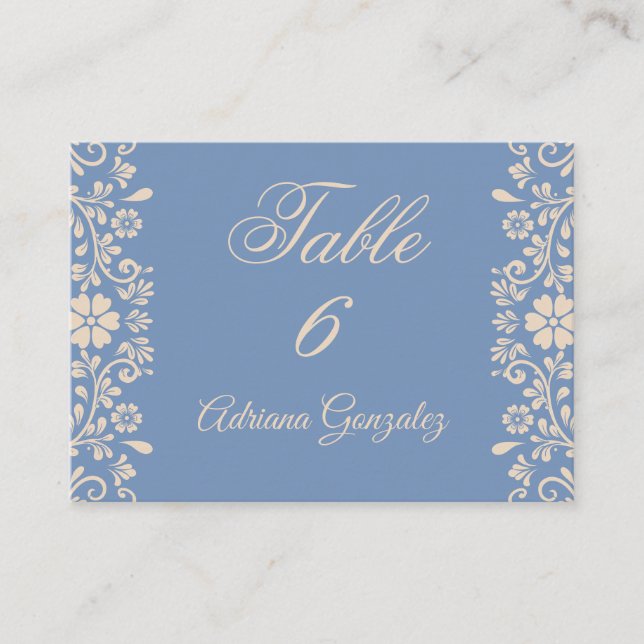 Tarjeta De Mesa Boda Polvoriento Azul Floral (Anverso)