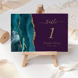 Tarjeta De Mesa Boda púrpura de la Agate de Oro verde azulado<br><div class="desc">El borde izquierdo de esta elegante y moderna tarjeta boda número de mesa cuenta con un verde azulado borde de barra de acuarela azul recortado con un falso purpurina de oro. El texto del personalizable combina la escritura a mano de color dorado, las fuentes cursivas y las fuentes de copperplate...</div>
