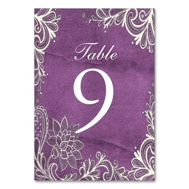 Tarjeta De Mesa boda púrpura moderno de remolinos blancos (Anverso)