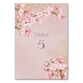 Tarjeta De Mesa Boda Purpurina de oro de flores de cerezo rosa