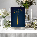 Tarjeta De Mesa Boda purpurina de oro marina elegante<br><div class="desc">Tarjeta de mesa de recepción de boda con guión de caligrafía formal de Relieve metalizado de oro falso. El color de fondo azul marino es editable. Puede cambiarlo después de seleccionar el botón PERSONALIZAR FURTHER. Puede encontrar toda la gama de números ( 1 - 50) aquí: http://bit.ly/2sLMaFh</div>