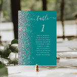Tarjeta De Mesa Boda Purpurina de plata azul verde azulado<br><div class="desc">El borde izquierdo de esta elegante y moderna tarjeta boda número de mesa cuenta con un purpurina falso plateado. La palabra "tabla" aparece en un guión de escritura manual caprichosa de color gris plateado sobre un fondo azul verde azulado. Agregue los nombres de los invitados que se asignen a cada...</div>