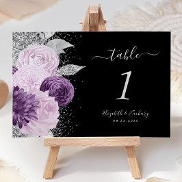 Tarjeta De Mesa Boda Purpurina Floral Purple Silver