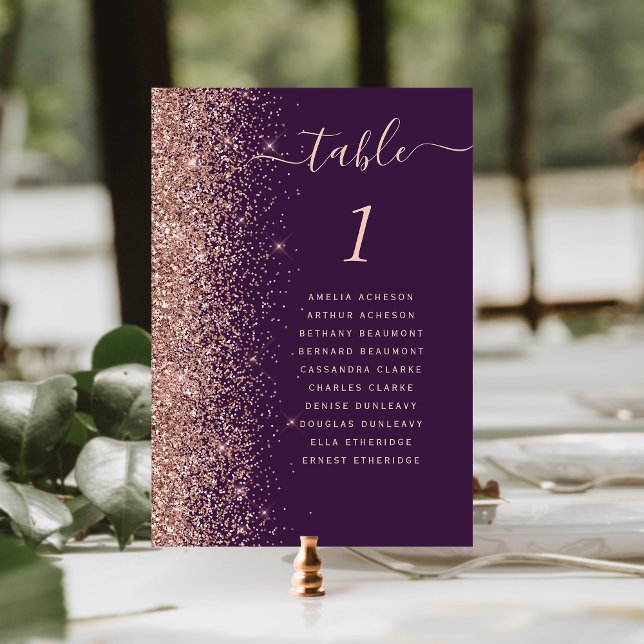 Tarjeta De Mesa Boda Purpurina Rosa dorado morado oscuro (Subido por el creador)