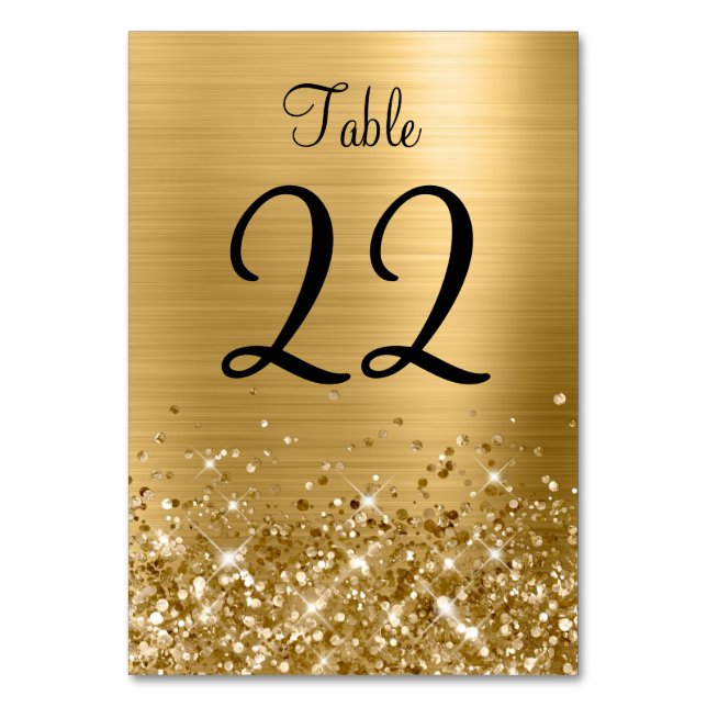 Tarjeta De Mesa Boda Purpurinoso de Relieve metalizado dorado (Anverso)