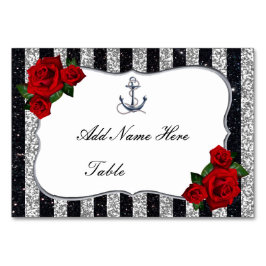 Tarjeta De Mesa Boda Rayas Negras y Plateadas Ancla Náutica