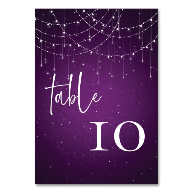 Tarjeta De Mesa Boda Real Purple String Lights (Anverso)