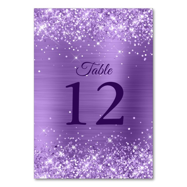 Tarjeta De Mesa Boda Relieve metalizado púrpura de luz Purpurinoso (Anverso)