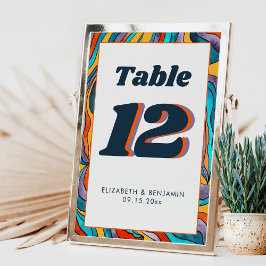 Tarjeta De Mesa Boda Retro Moderna Groovy Amarillo Naranja Ondulad
