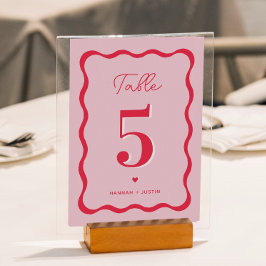 Tarjeta De Mesa Boda retro rosa y rojo moderno ondulado