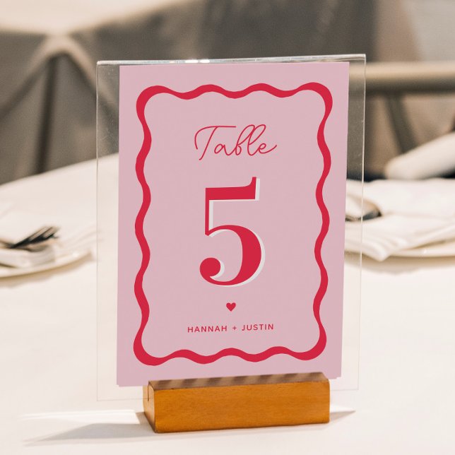 Tarjeta De Mesa Boda retro rosa y rojo moderno ondulado (Subido por el creador)