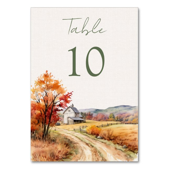 Tarjeta De Mesa Boda romántico de granero de otoño (Anverso)