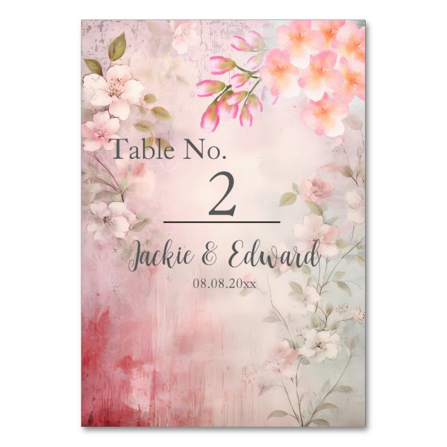 Tarjeta De Mesa Boda Romántico Floral Rosa (Anverso)