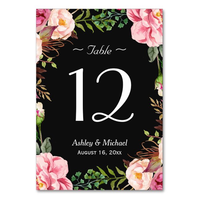 Tarjeta De Mesa Boda Romántico Floral Rosa Número de tabla (Anverso)