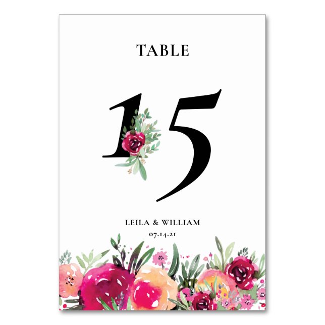 Tarjeta De Mesa Boda rosa floral acuarela (Anverso)