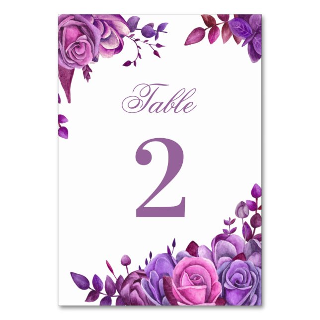 Tarjeta De Mesa Boda rosa y morado. Floral lila acuática (Anverso)