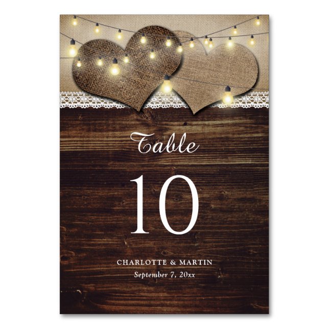 Tarjeta De Mesa Boda Rustic Wood String Lights (Anverso)