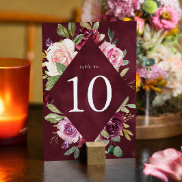 Tarjeta De Mesa Boda Rústica con Flores Rosadas, Burgundy y Púrpur