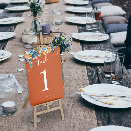 Tarjeta De Mesa Boda rústica de terracota otoñal azul marino y óxi