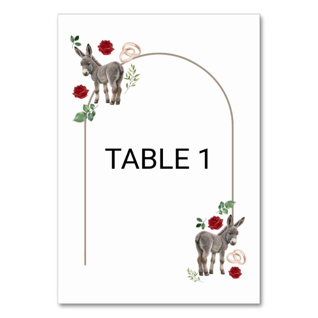Tarjeta De Mesa Boda rústica floral burro rojo  (Anverso)