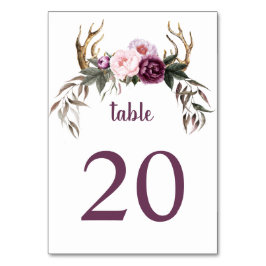Tarjeta De Mesa Boda Rústico Boho Purple Plum Peonies Antlers