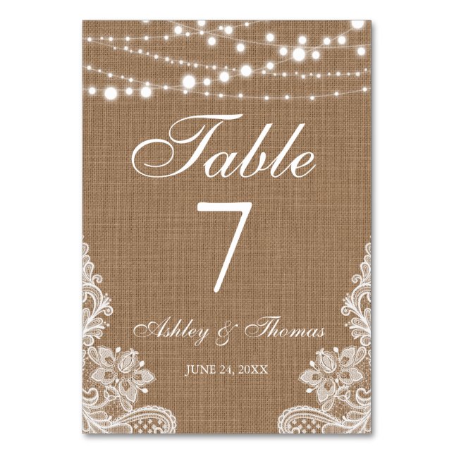 Tarjeta De Mesa Boda Rústico Burlap String Lights Lace Table (Anverso)