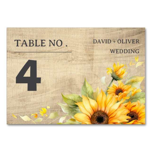 Tarjeta De Mesa Boda Rústico De Girasol Y Fondo De Madera (Anverso)