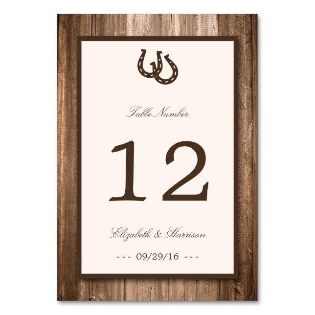 Tarjeta De Mesa Boda Rústico de Herradura y Madera Marrón (Anverso)