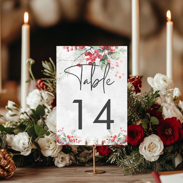 Tarjeta De Mesa Boda Rústico de Invierno Holly y Pine (Rustic Winter Holly & Pine Wedding Table Number)