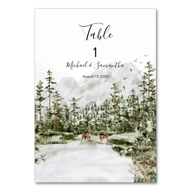 Tarjeta De Mesa Boda Rústico de la Selva de Montaña de Acuarela (Anverso)