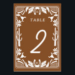 Tarjeta De Mesa Boda rústico de vaqueros de países occidentales<br><div class="desc">Diseño moderno de vaquero occidental con elementos dibujados a mano de cráneo de vaca, herradura, adornos florales y cactus. Diseño boda de borde floral marrón y blanco con floral dibujada a mano, cactus, cráneo de vaca y herradura. Este moderno y moderno diseño de bodas de campo occidental es ideal para...</div>